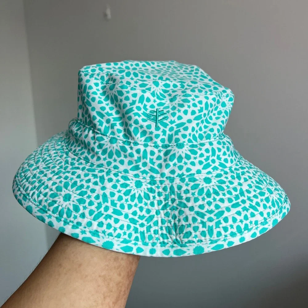 Coolibar Teal & White Floral Youth Bucket Sun Hat S/M  UPF 50+ High Performance